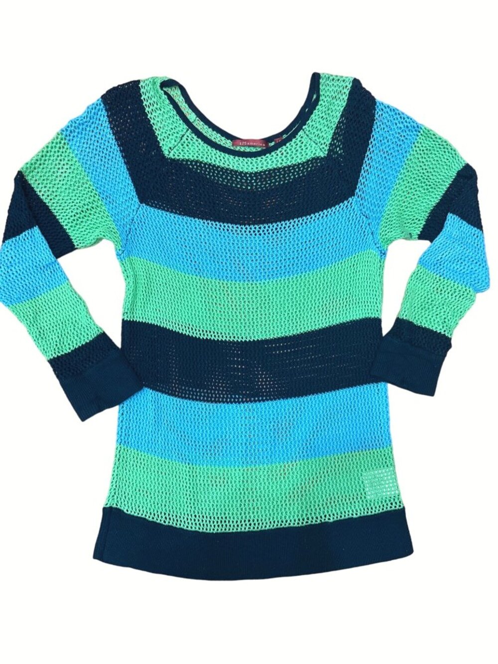 525 America L Green Blue Mesh Tunic Open Knit Sheer Striped Resort Coastal Layer - Picture 11 of 12